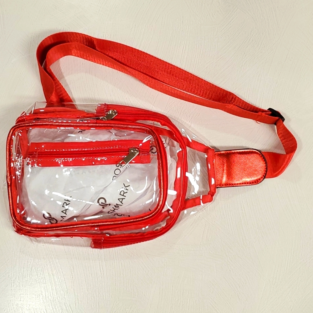 Crossbody fanny purse clear plastic red zipper trim concert stadium entry NWT